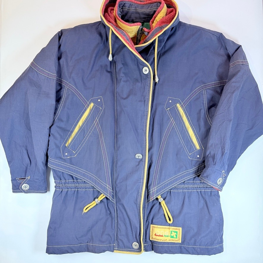 One Hundred Flowers Jacket Mens Medium Blue Vintage Quilted Colorblock Hooded — image 8 of 8